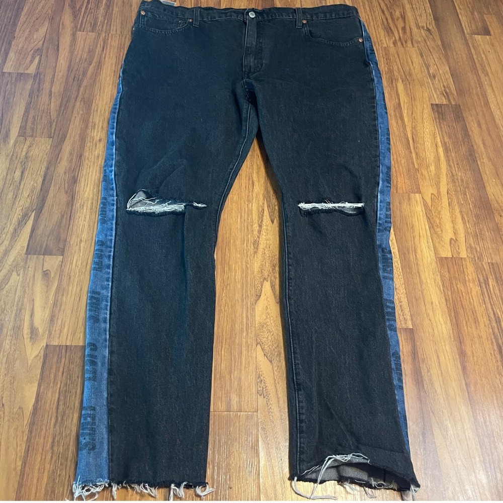 Levis Premium Lo-Ball Jeans Mens 44 Black Blue Side Stripe Distressed Tapered